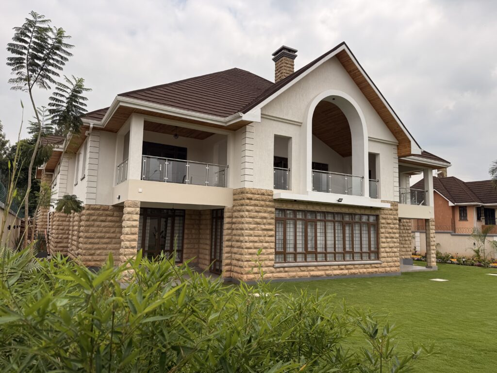 A luxurious 5-bedroom villa for sale in Mushroom Gardens Estate, Kiambu Road, showcasing manicured lawns and modern Kenyan architecture.