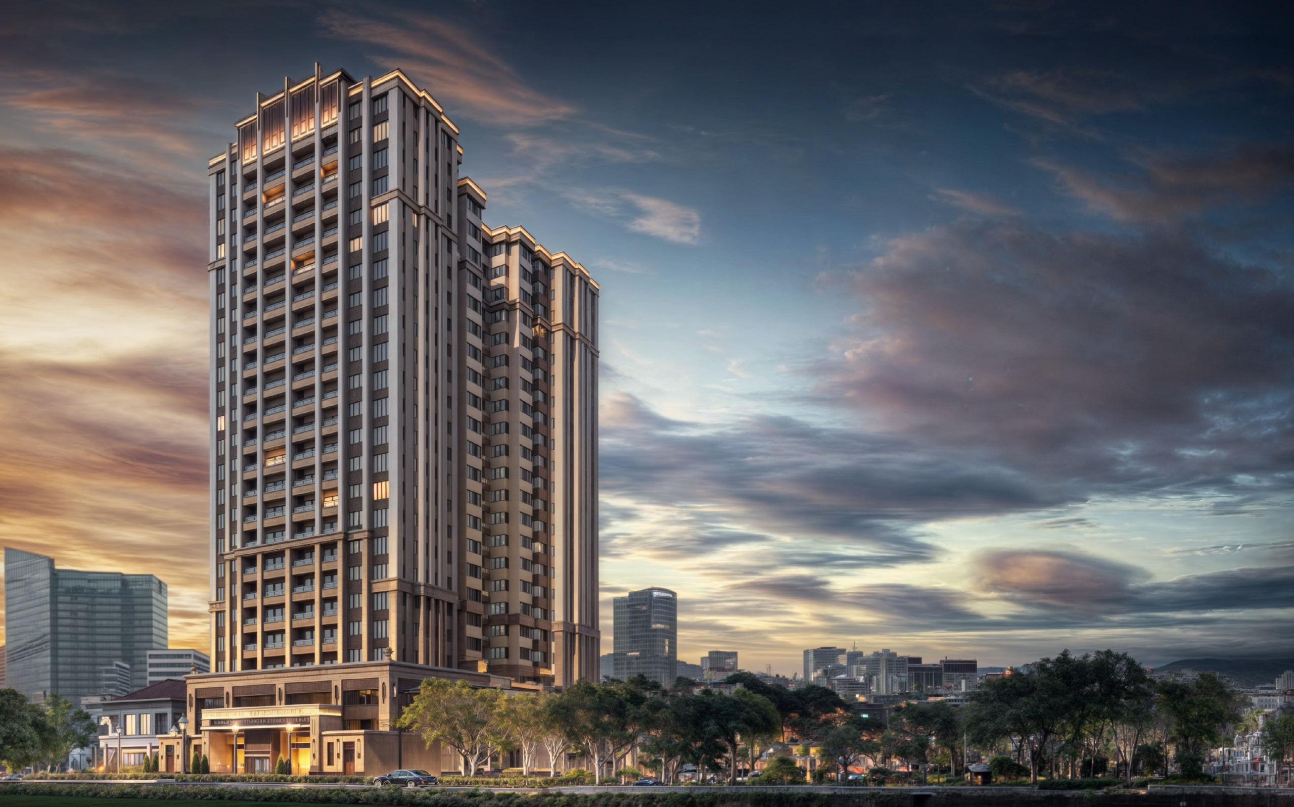 Sunset Park Westlands architectural exterior showing 23 floors of luxury apartments on Mwanzi Road
