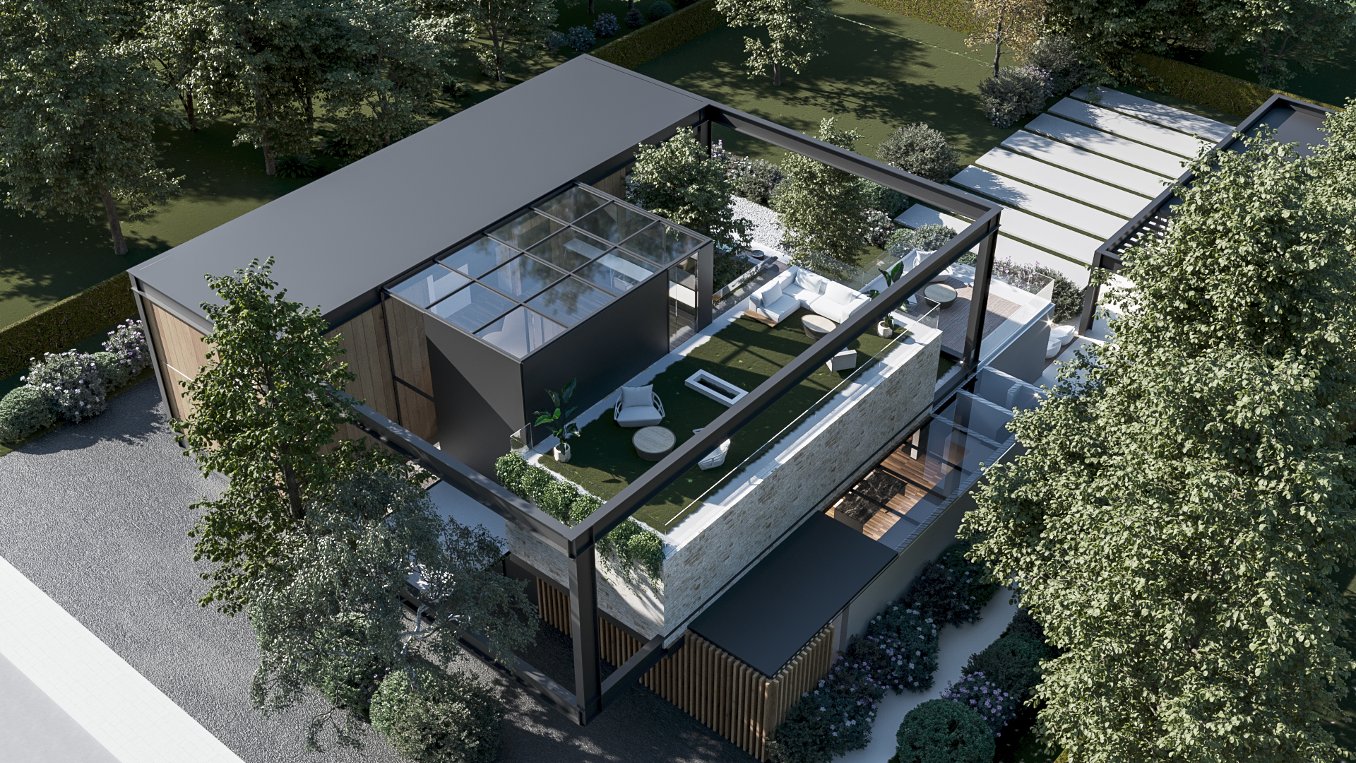 Modern 5-bedroom luxury villa exterior with triple-volume entrance at Aria Park
