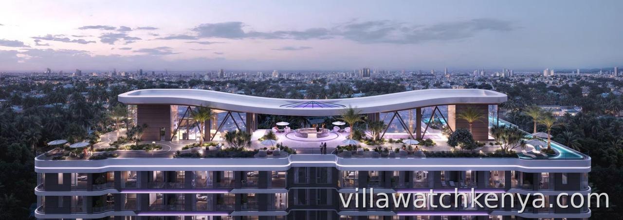 Modern 22-floor high-rise facade of Amethyst Springs Residences in Kilimani, Nairobi.