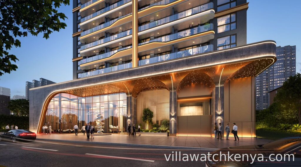 Modern luxury facade of Mogotio Oasis apartments behind GTC in Westlands, Nairobi.