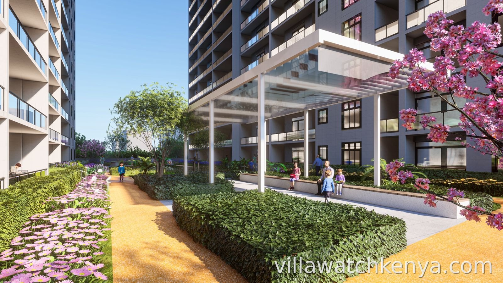 Modern multi-storey facade of Tsavorite Gardens apartments on Wood Avenue, Kilimani, Nairobi.