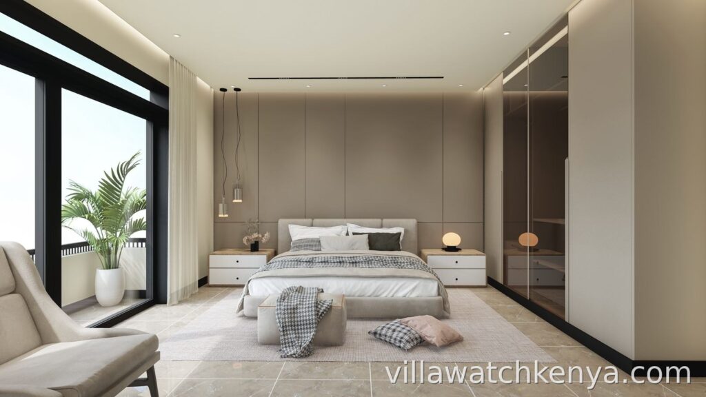 Elegant master bedroom with balcony at Hookwood Residencies 2 bedroom apartment Westlands